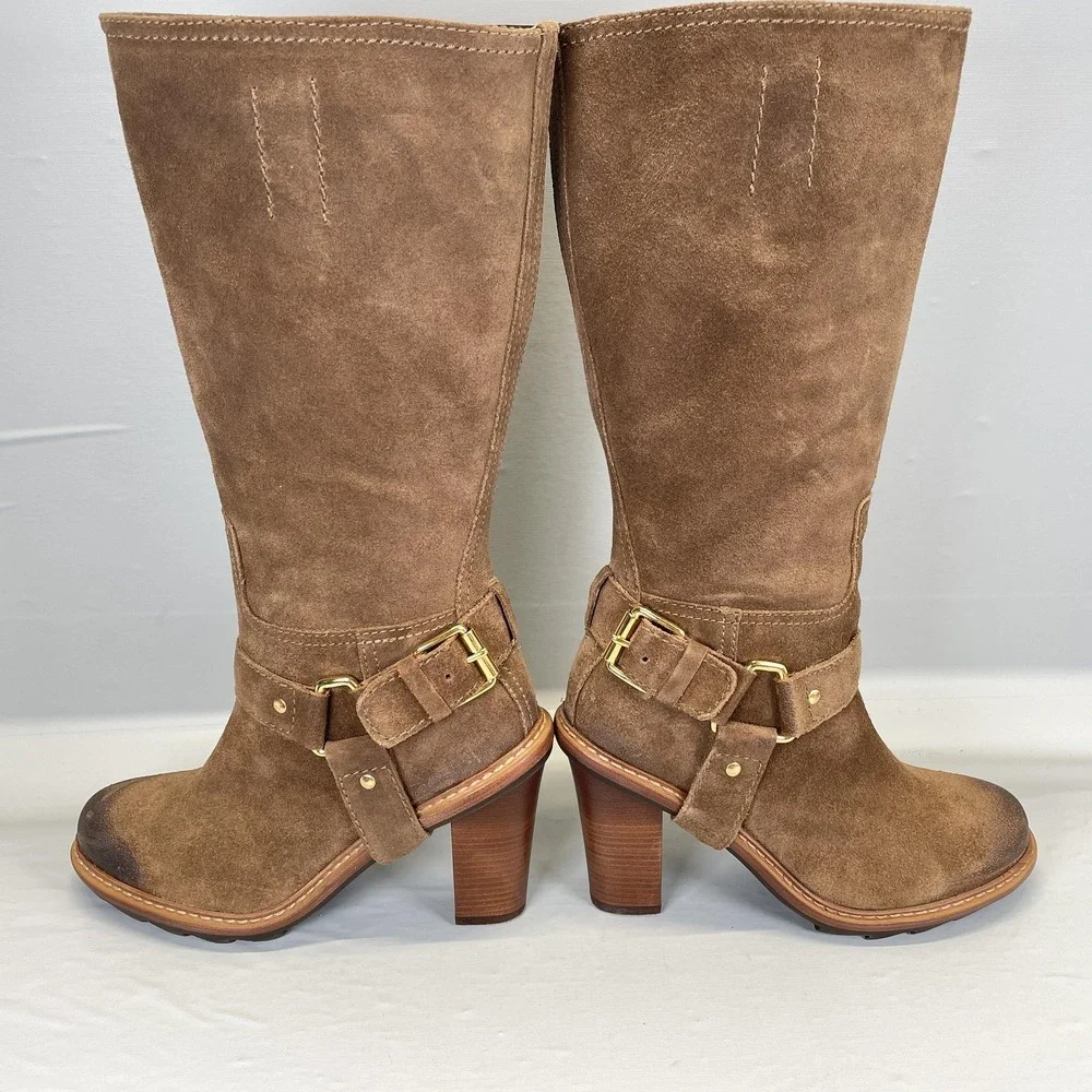 Talbots Harness Boots Womens Size 6 Brown Suede Knee High Riding Side Zip Shoes